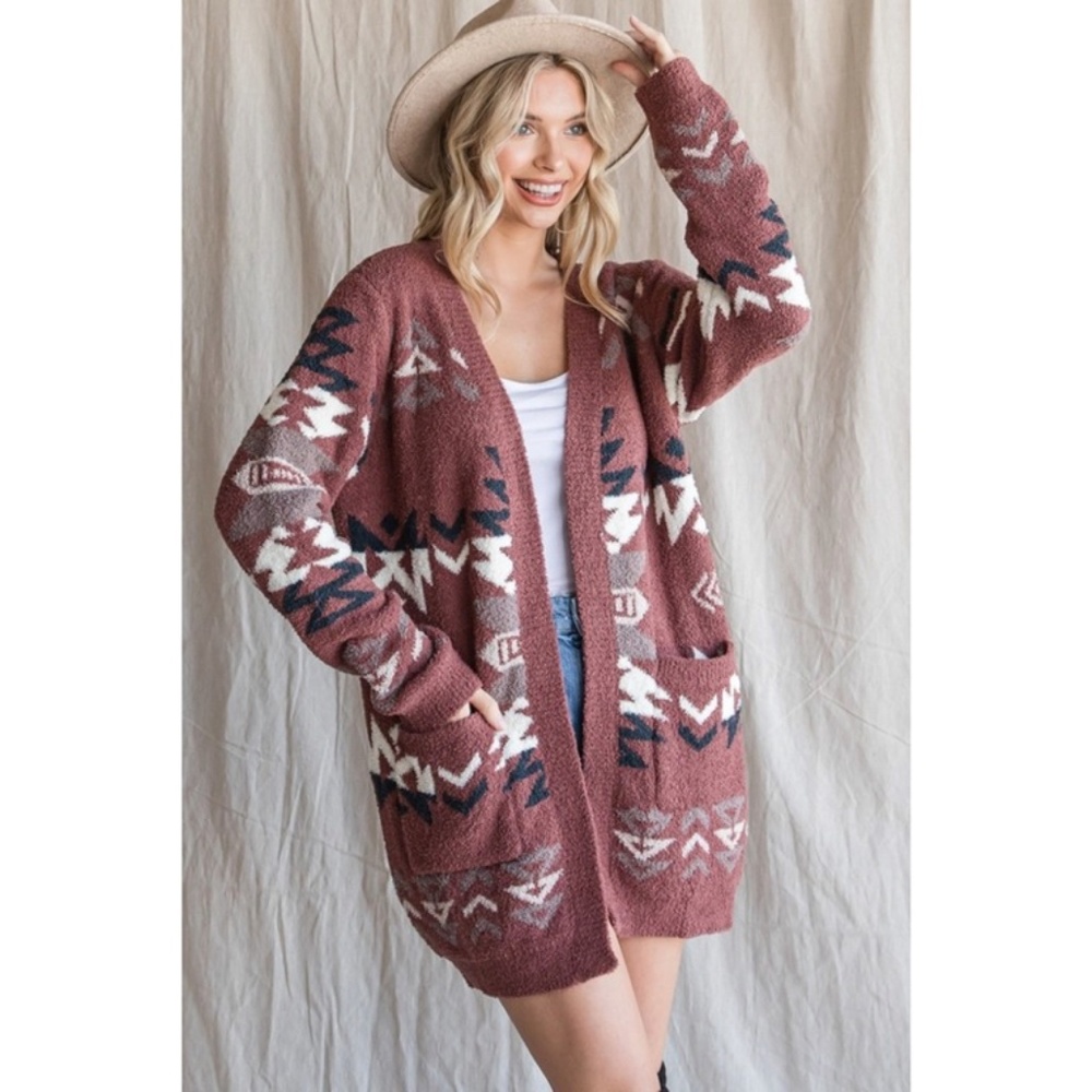 SOLD OUT Brick Fuzzy Blanket Aztec Tribal Native Western Boho Open Cardigan - Picture 3 of 7
